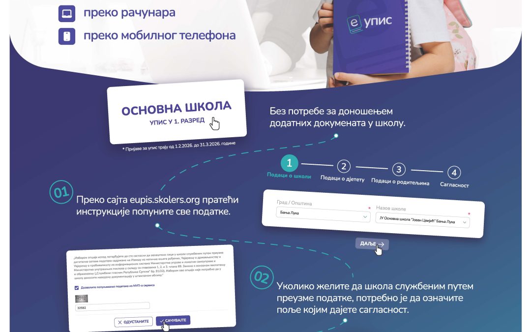 ОБАВЈЕШТЕЊЕ О Е-УПИСУ ДЈЕЦЕ У ПРВИ РАЗРЕД ЗА ШКОЛСКУ 2026/2027. ГОДИНУ