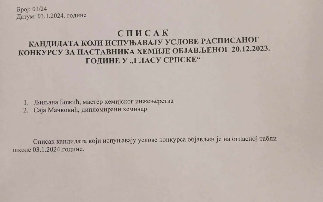 Списак кандидата који испуњавају услове за расписан конкурс за наставника хемије