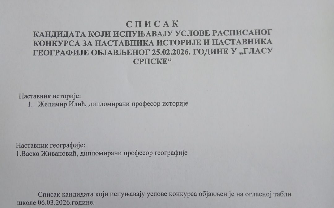 Списак кандидата који испуњавају услове расписаног конкурса за наставника историје и географије